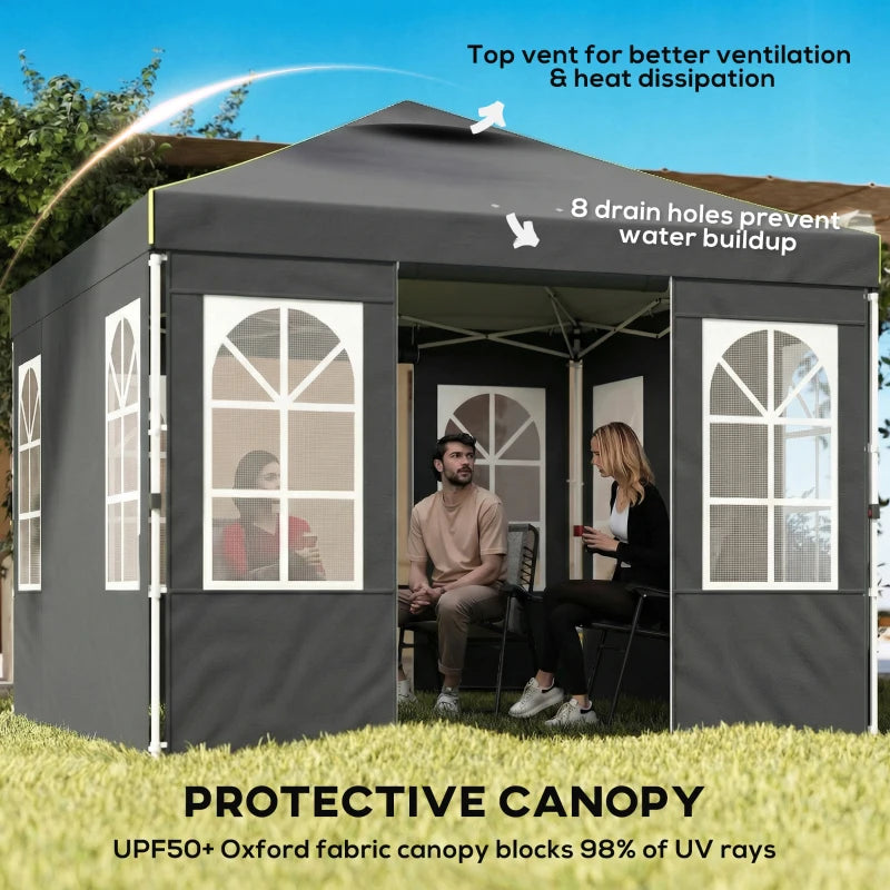 9.6 x 9.6 ft Pop Up Canopy Tent with 4 Sidewalls, UPF 50+ 1-Button Push Easy Setup Outdoor Instant Canopy, Dark Grey