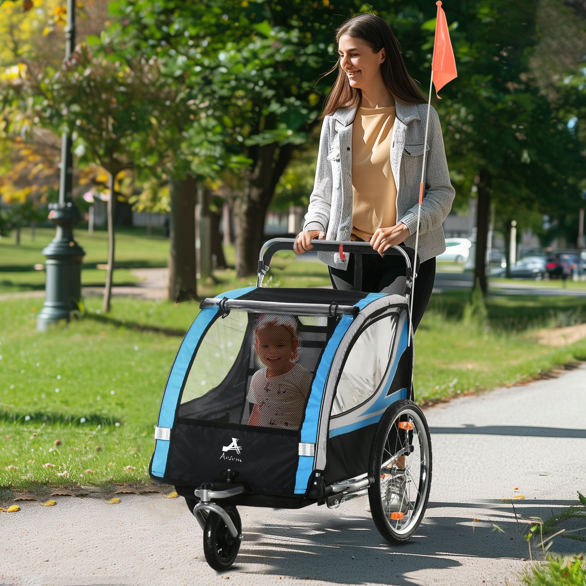 Aosom Versatile 2-in-1 Child Bike Trailer & Stroller with Hand Brake, Storage, Safety Flag, Blue