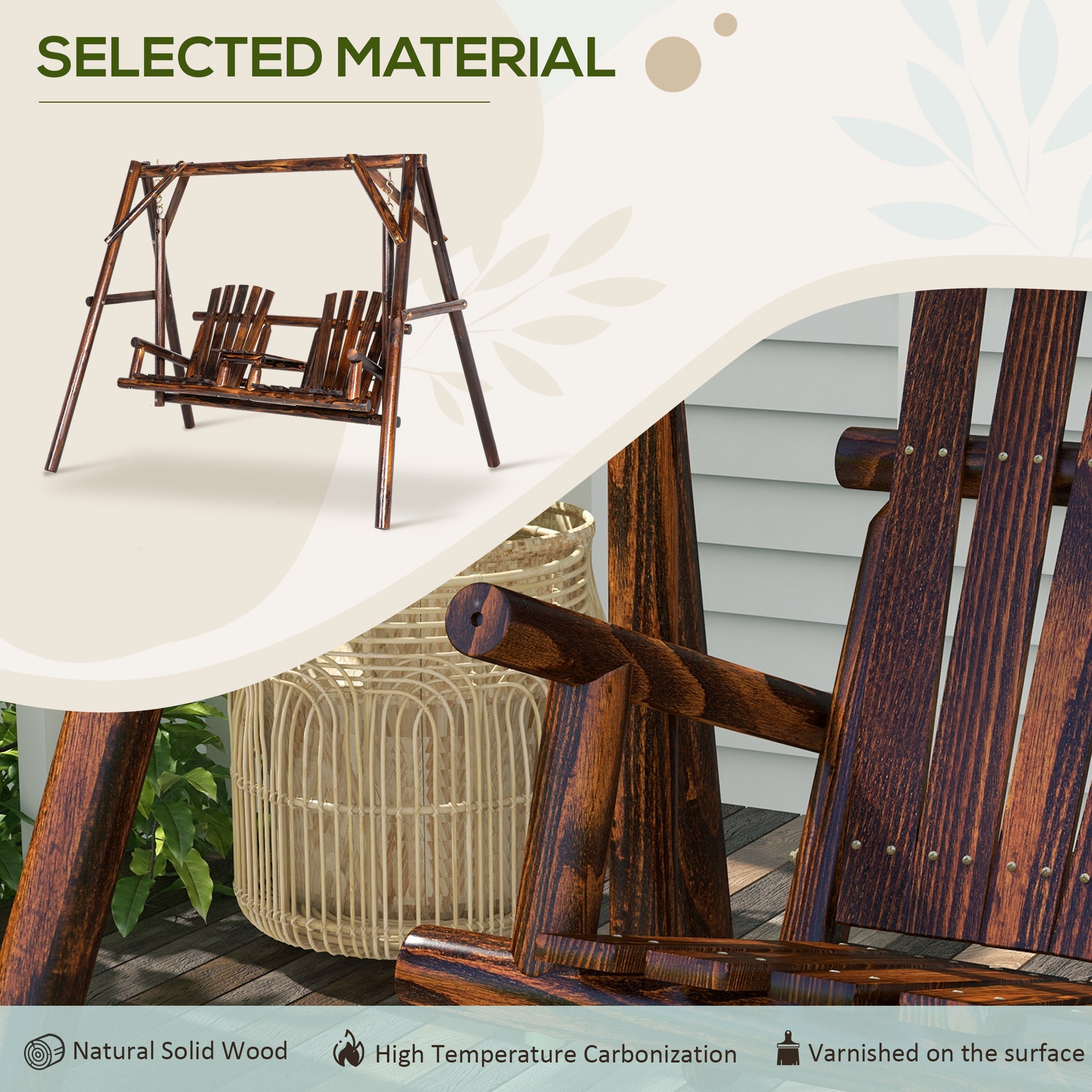 Outsunny Wooden Porch Swing with 2-Seat Design, A-Frame Outdoor Bench, Relaxing Swing with Center Table