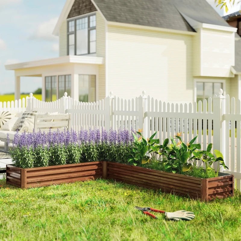 L-Shaped Raised Garden Bed, 82" x 109" x 12" Galvanized Steel Planter Box with Multi-reinforced Rods for Vegetables, Flowers and Herbs, Dark Brown Wood Effect