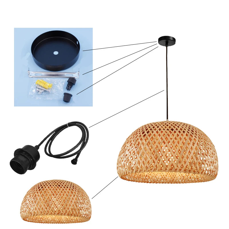 Rattan Pendant Light - Hand-Woven Bamboo Lantern Lampshade, E27 Lighting Fixture