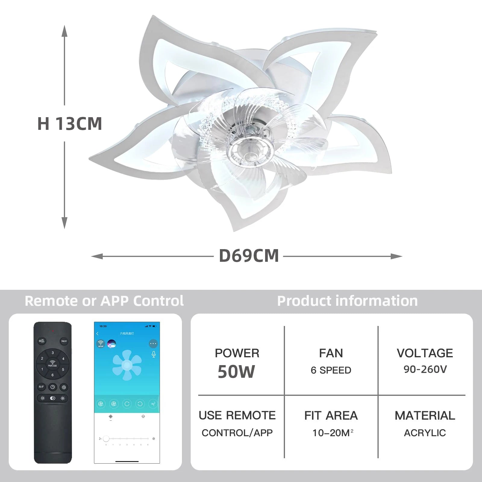 Modern LED Ceiling Fan with Light - App and Remote Control, Mute, Adjustable Dimmable Ceiling Lamp for Living Room and Bedroom Decor
