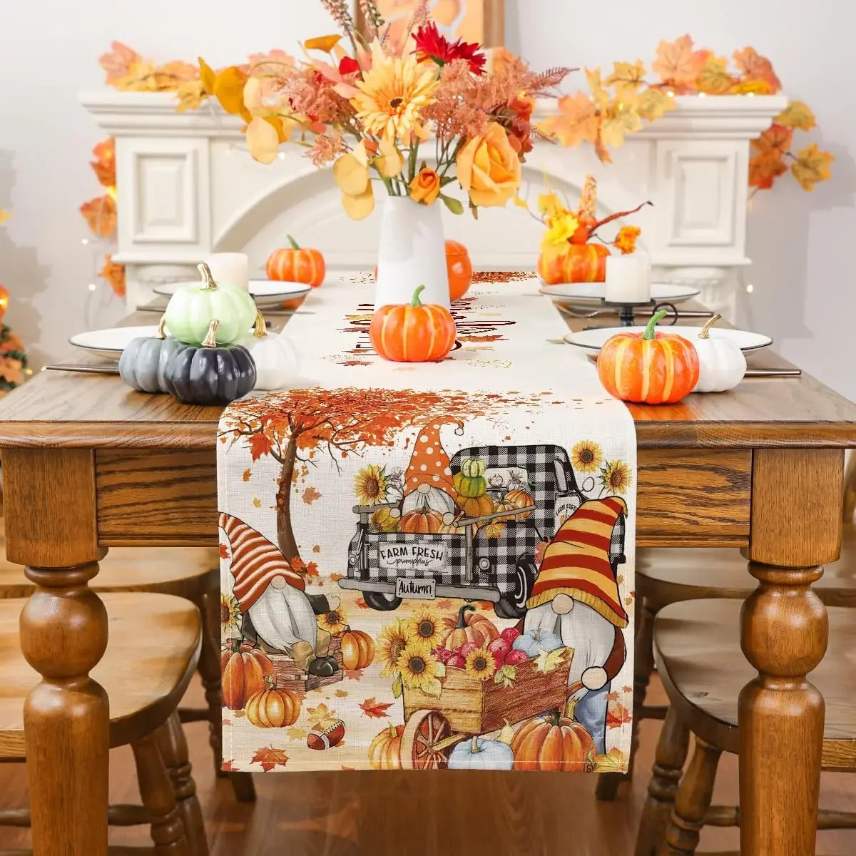 Fall Thanksgiving Truck Gnome Leaves Linen Table Runners Kitchen Table Decor Farmhouse Dining Table Runners Holiday Decorations