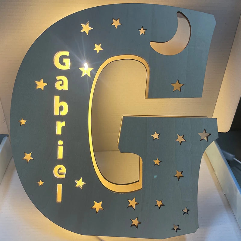 Customized Wall Decor LED Night Light – 24 Letters with Name, Stars and Moon Design, Wooden Sign Lamp, Bedroom Decor, Baby Christmas Kids Gifts