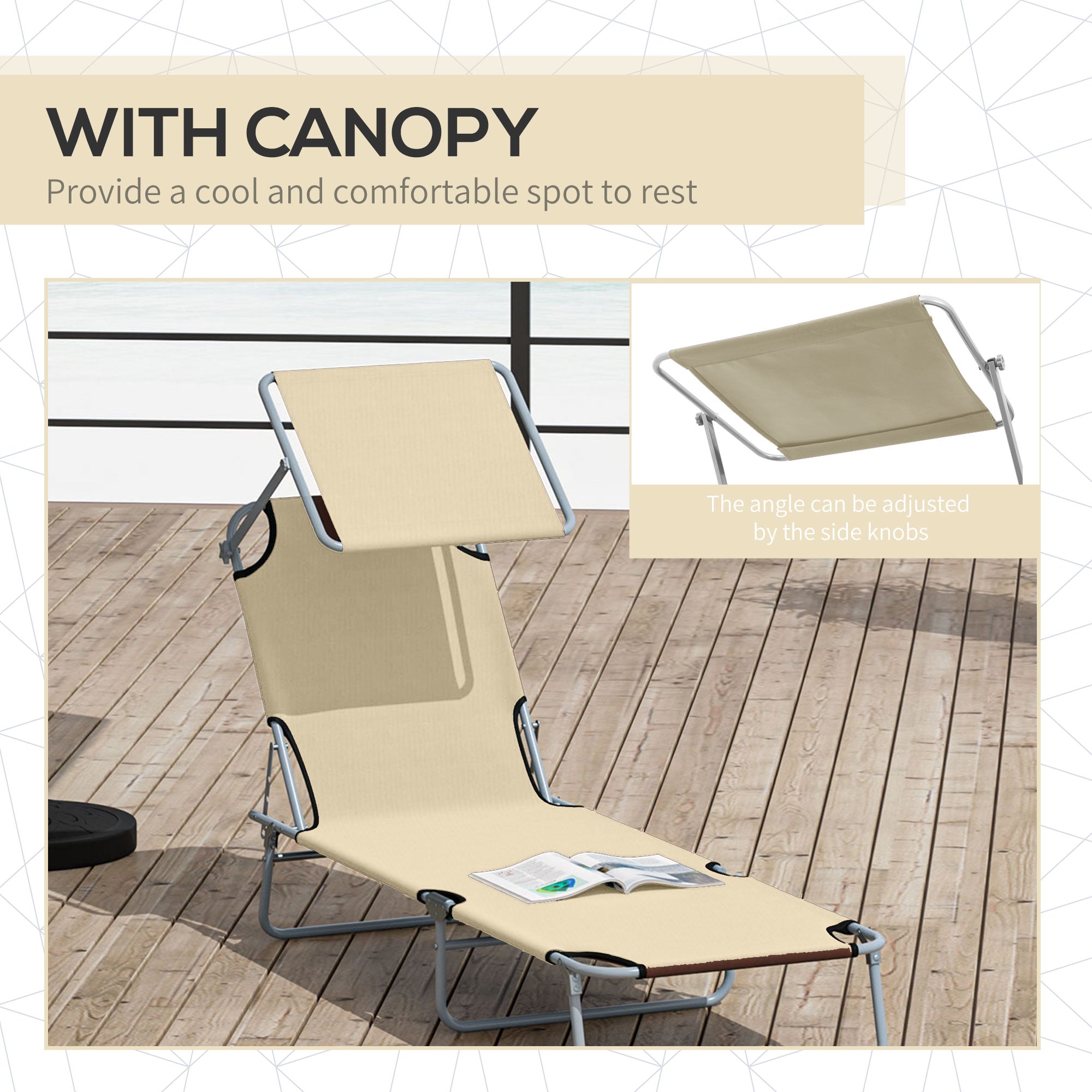 Outsunny Outdoor Lounge Chair with Sun Shade Adjustable for Beach Camping Hiking Backyard Comfortable Beige