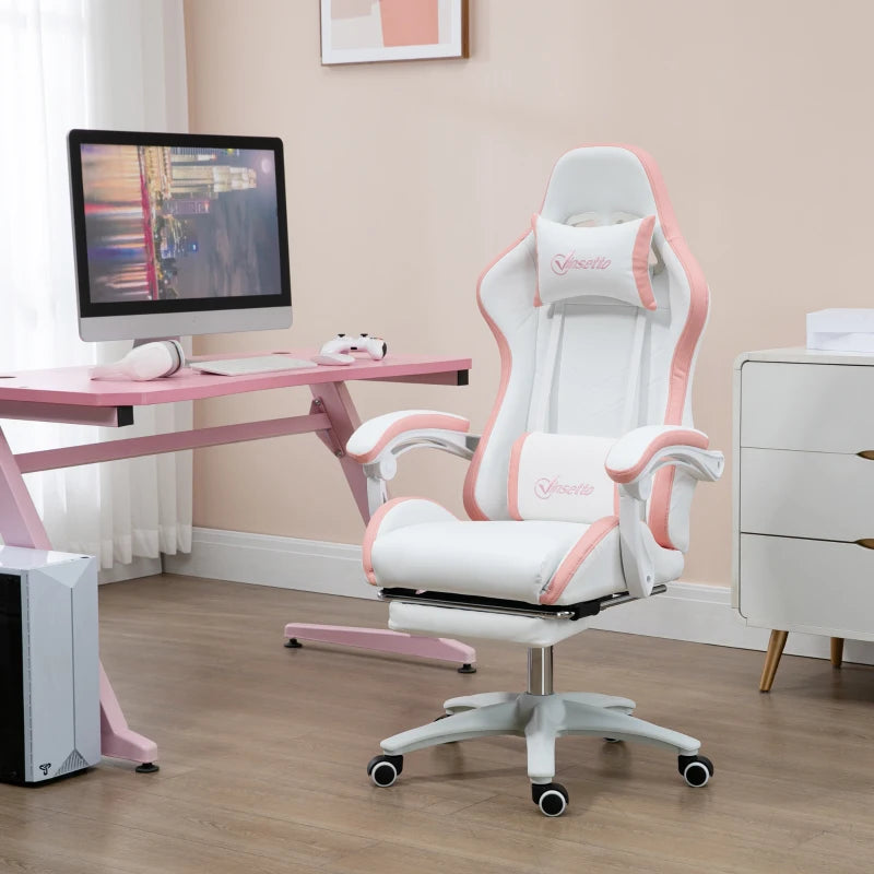 Computer Gaming Chair, PU Leather Office Desk Chair with Footrest, Swivel Wheels, 135° Reclining Back, White