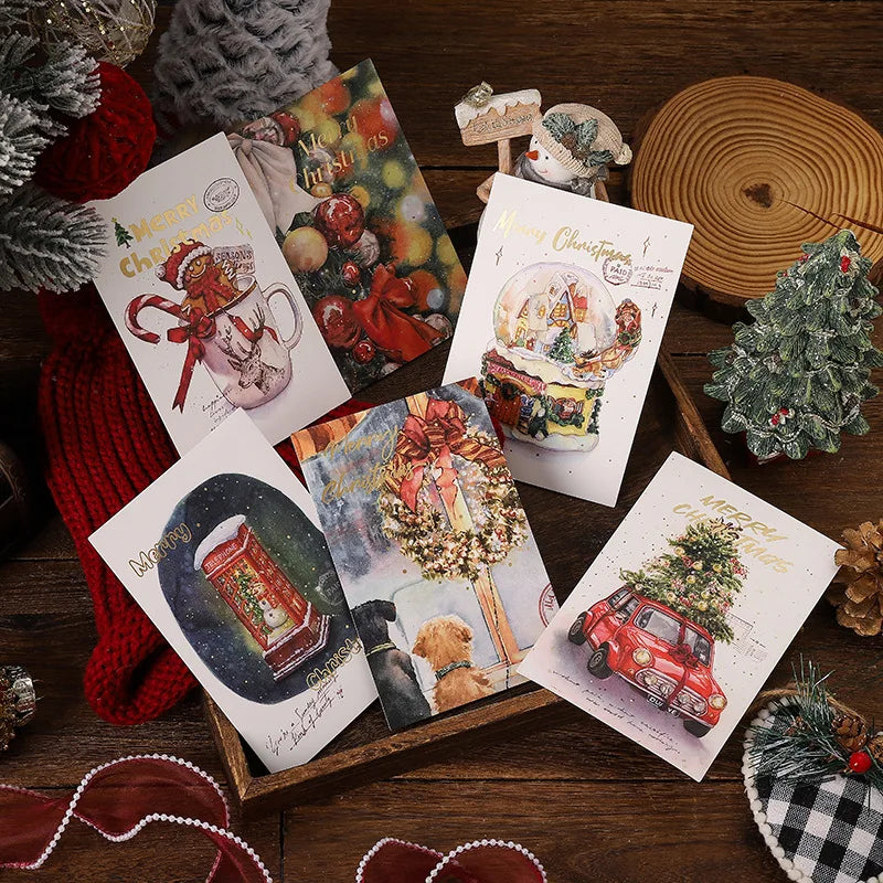 New 10PCS Christmas Foil Greeting Card Postcard Florist Baking Gift Small Card Blessing Message Card Stamped Postcard Wall Decor