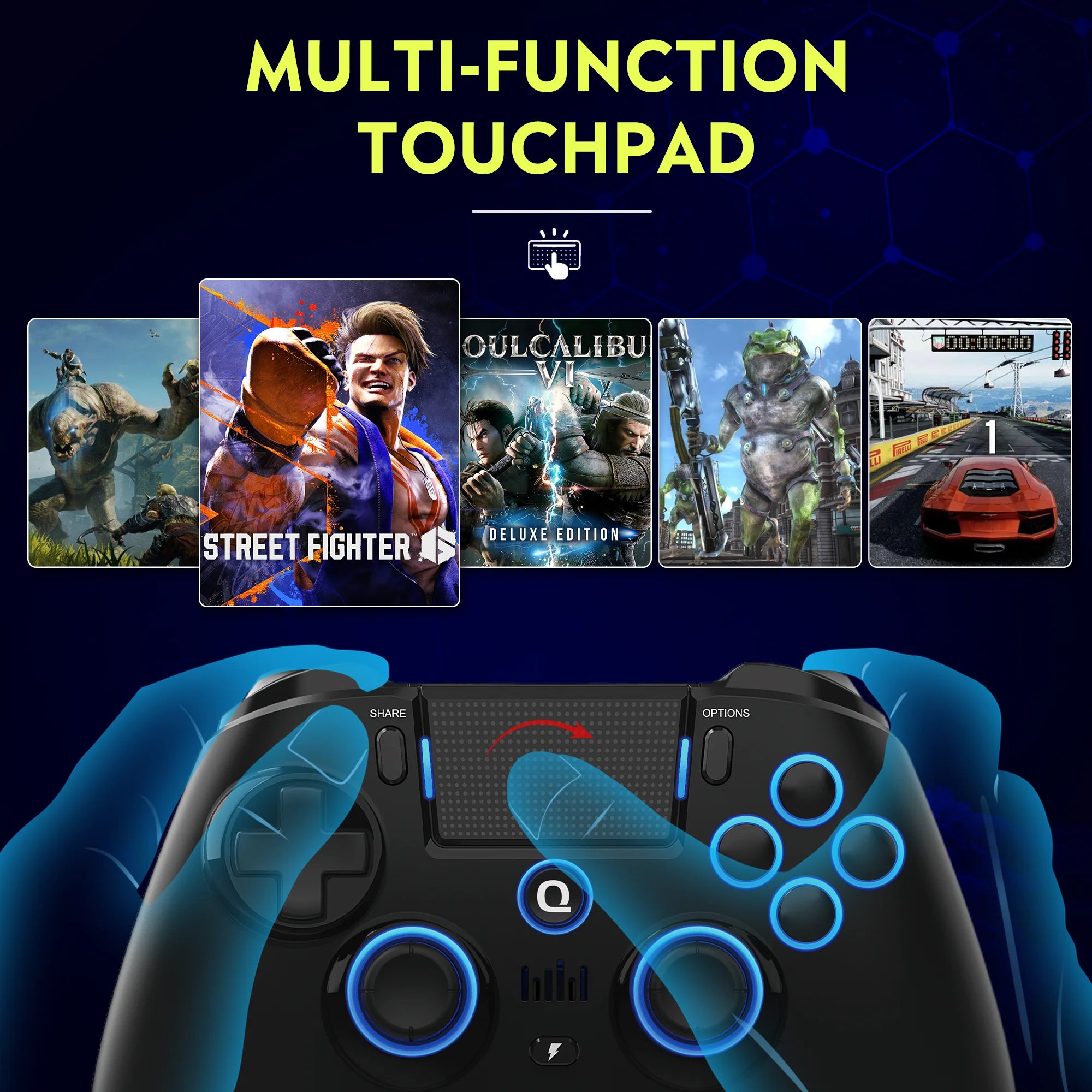 QRD Spark N5 Wireless Controller - Compatible with PS4, PS3, PS2, iOS, Android, PC, Hall Effect, 9-Color LED Lights, Vibration Effect