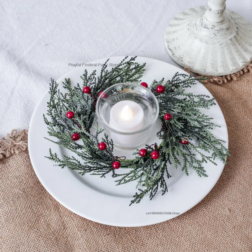 Pine Needle Candlestick Wreath for Christmas Table Decoration Artificial Leaves Candle Ring Candlestick Garland Home Decor