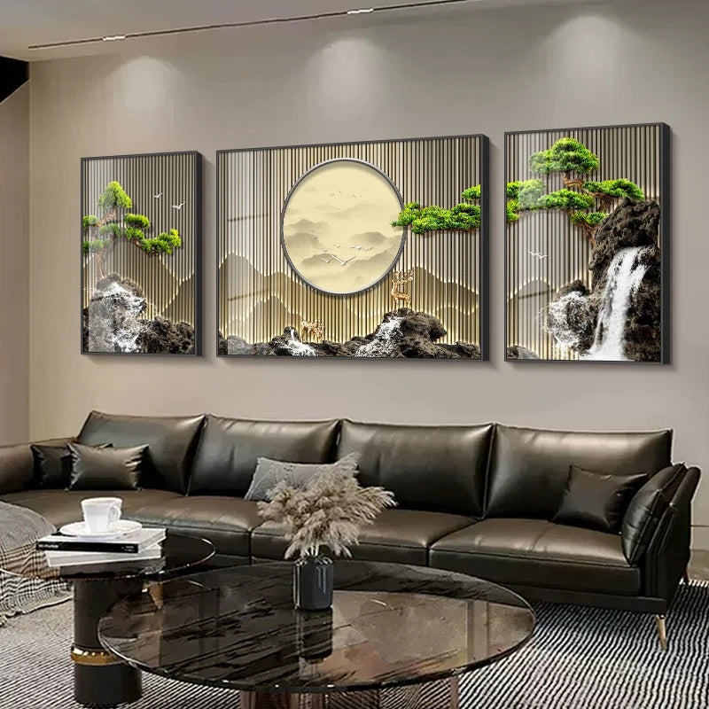 Chinese Art Welcome Pine Landscape Decorative Painting – Wall Decor, Home & Room Aesthetic, No Frame, 3-Piece Set