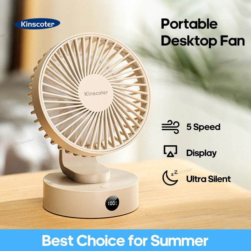Portable Mini Desktop Fan - Silent High Wind Power, Cordless Rechargeable, 5 Speed Cooler