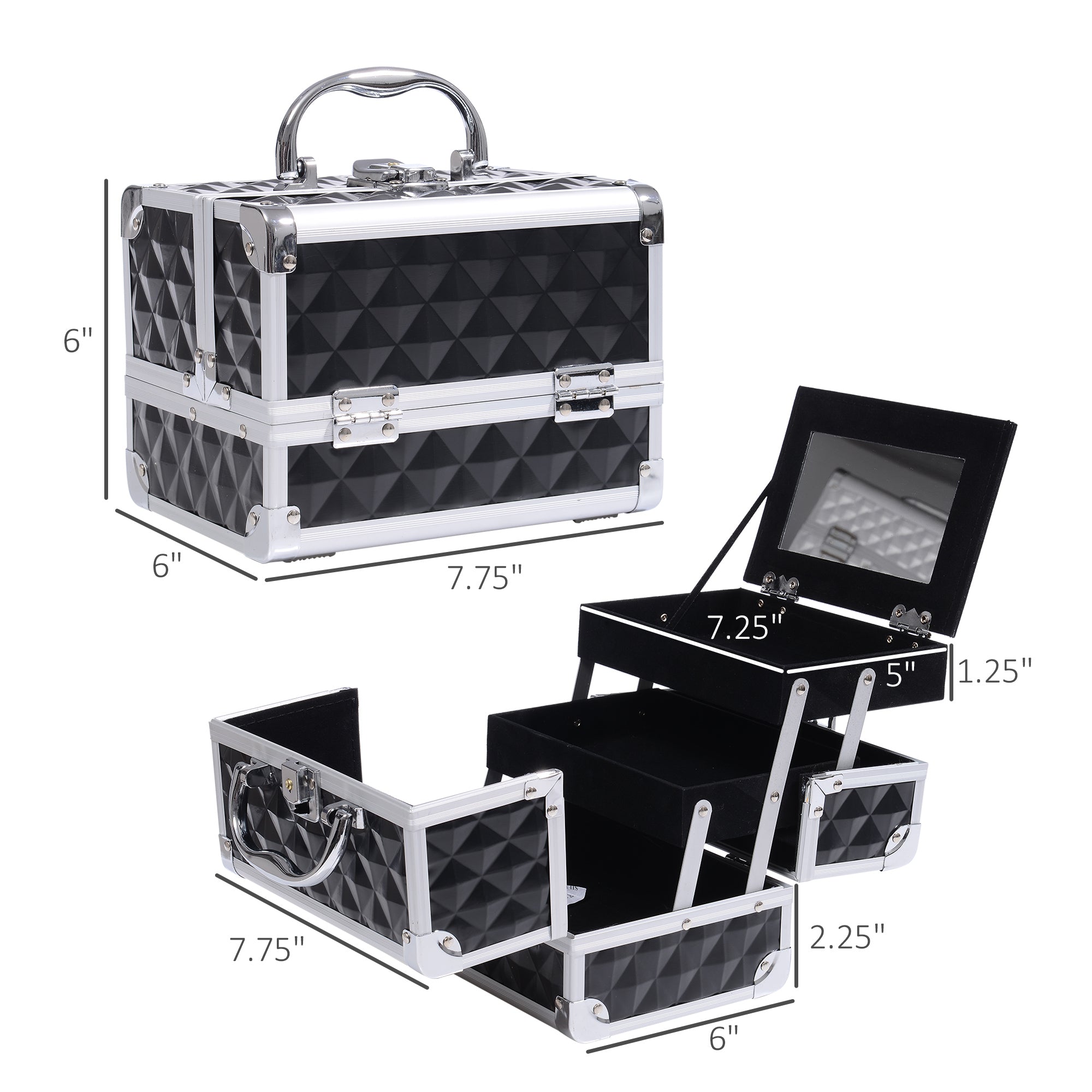 HOMCOM Cosmetic Train Case 3 Tier Diamond Texture Organizer with Mirror Portable Black 8"x6"x6"