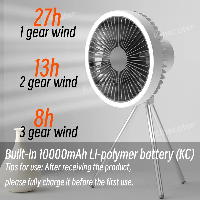 10,000mAh Rechargeable Camping Fan – Portable Desktop Air Circulator with Wireless Ceiling Function, Power Bank, & LED Lighting