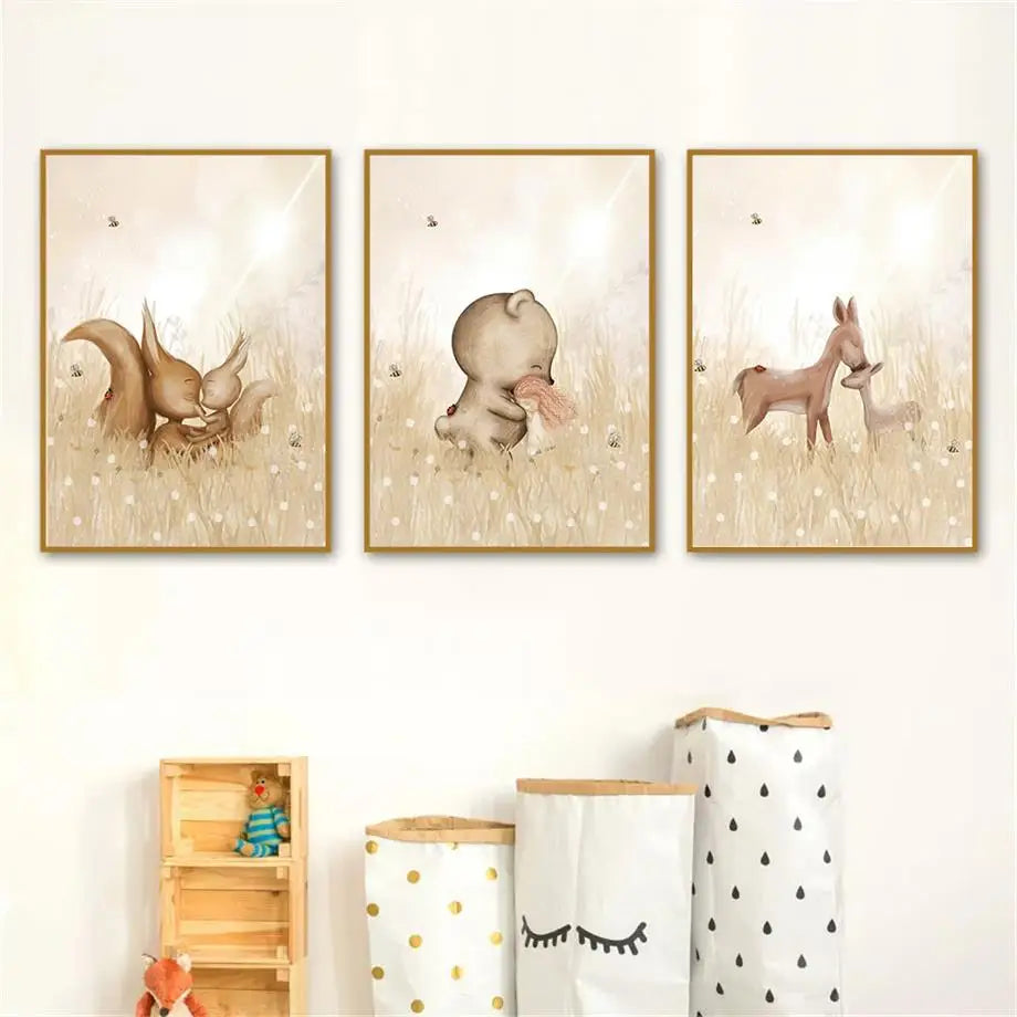 Boho Nursery Wall Art – Bear, Rabbit, Mouse, Squirrel, Deer Canvas Painting, Nordic Posters and Prints, Baby Kids Room Decor