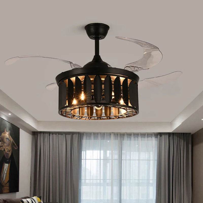American Industrial Retro Ceiling Fan Lamp – Creative Black Invisible Fan Chandelier, for Living Room and Dining Room