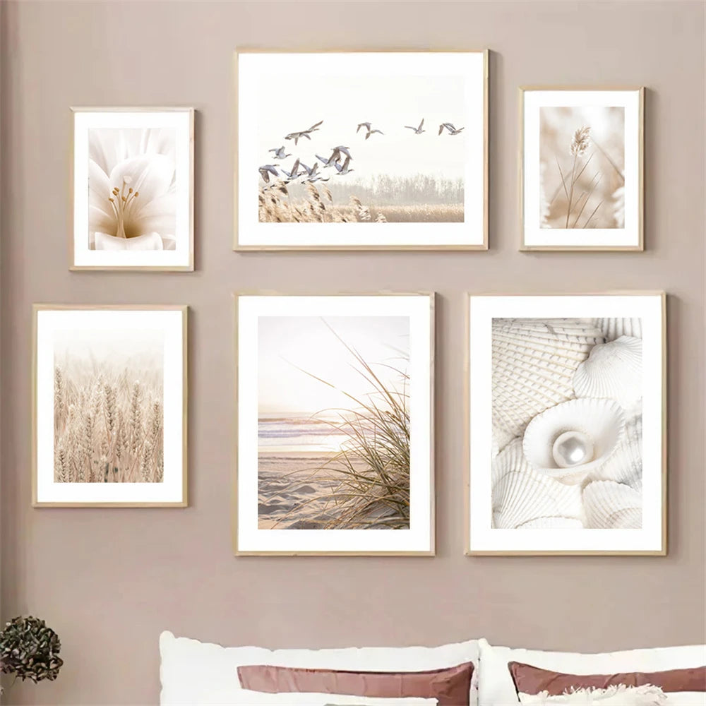Beige Flower Reed Poster – Canvas Painting, Nature Landscape Art Print, Shell Beach Picture, Nordic Wall Poster for Living Room Decor