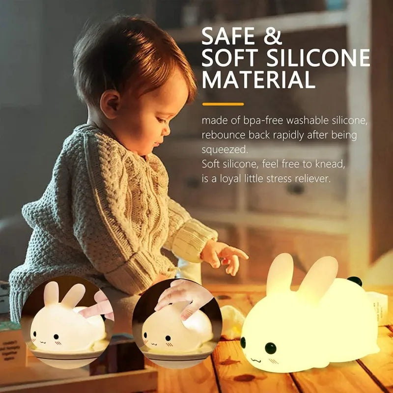 LED Rabbit Night Light with Remote Control - Dimmable RGB Silicone Bunny Lamp, Rechargeable, Touch Sensor, Ideal for Children and Babies