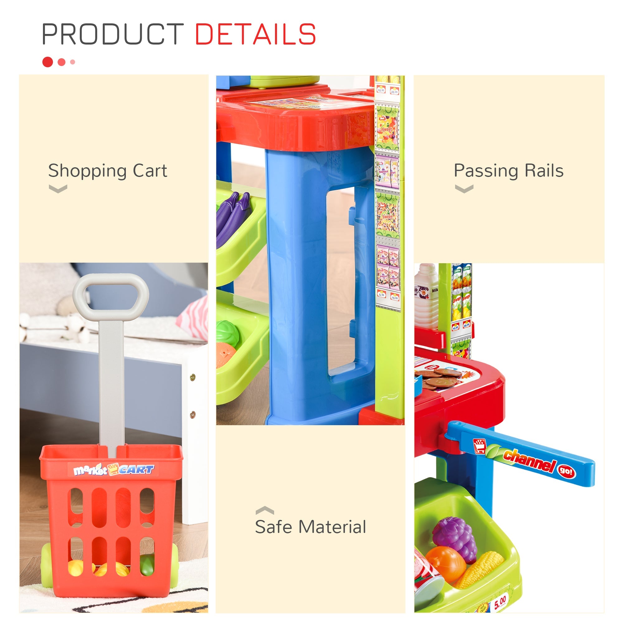 Qaba Kids Supermarket Playset with Shopping Cart and Accessories Realistic Grocery Store Pretend Play Toy with Light and Sound