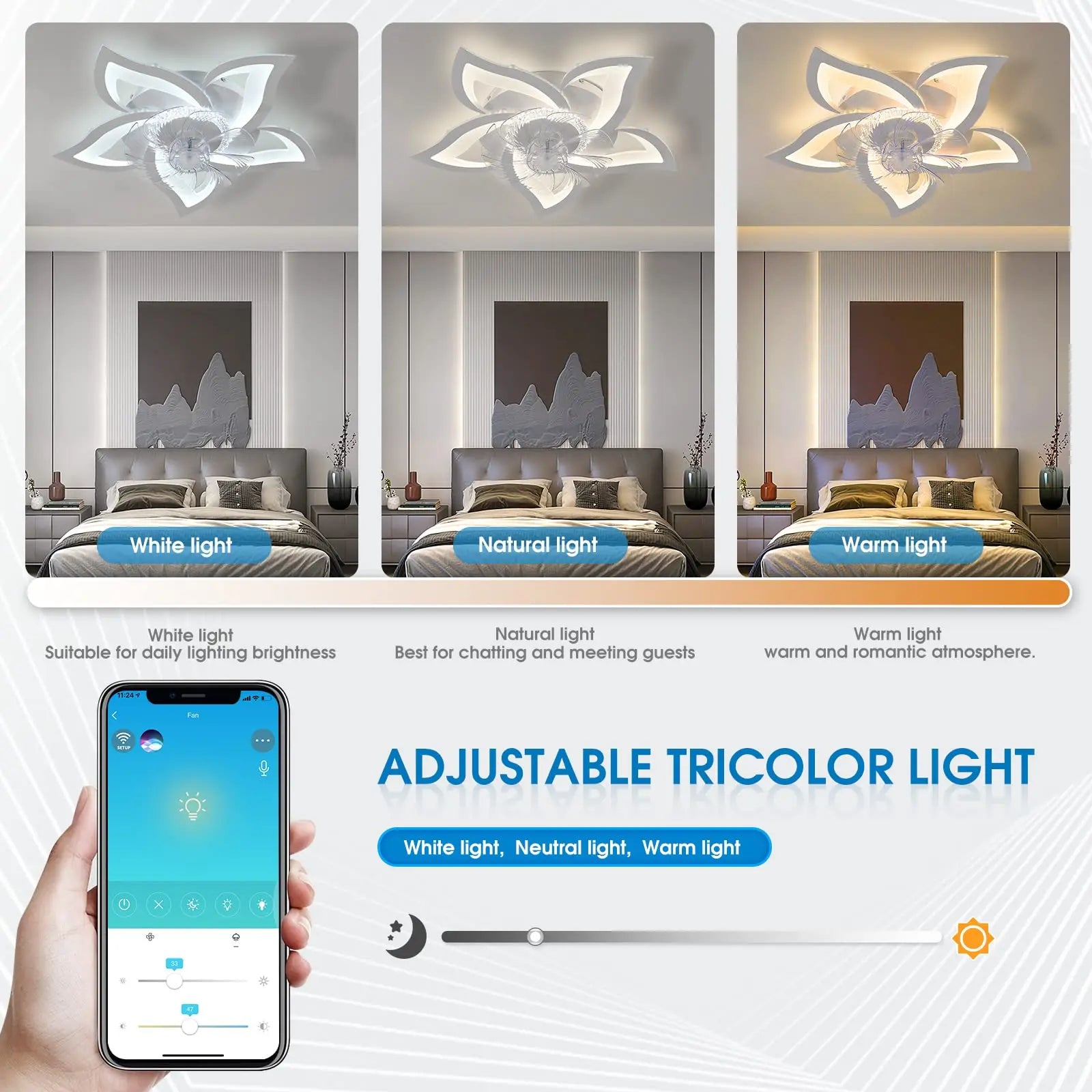 Modern LED Ceiling Fan with Light - App and Remote Control, Mute, Adjustable Dimmable Ceiling Lamp for Living Room and Bedroom Decor