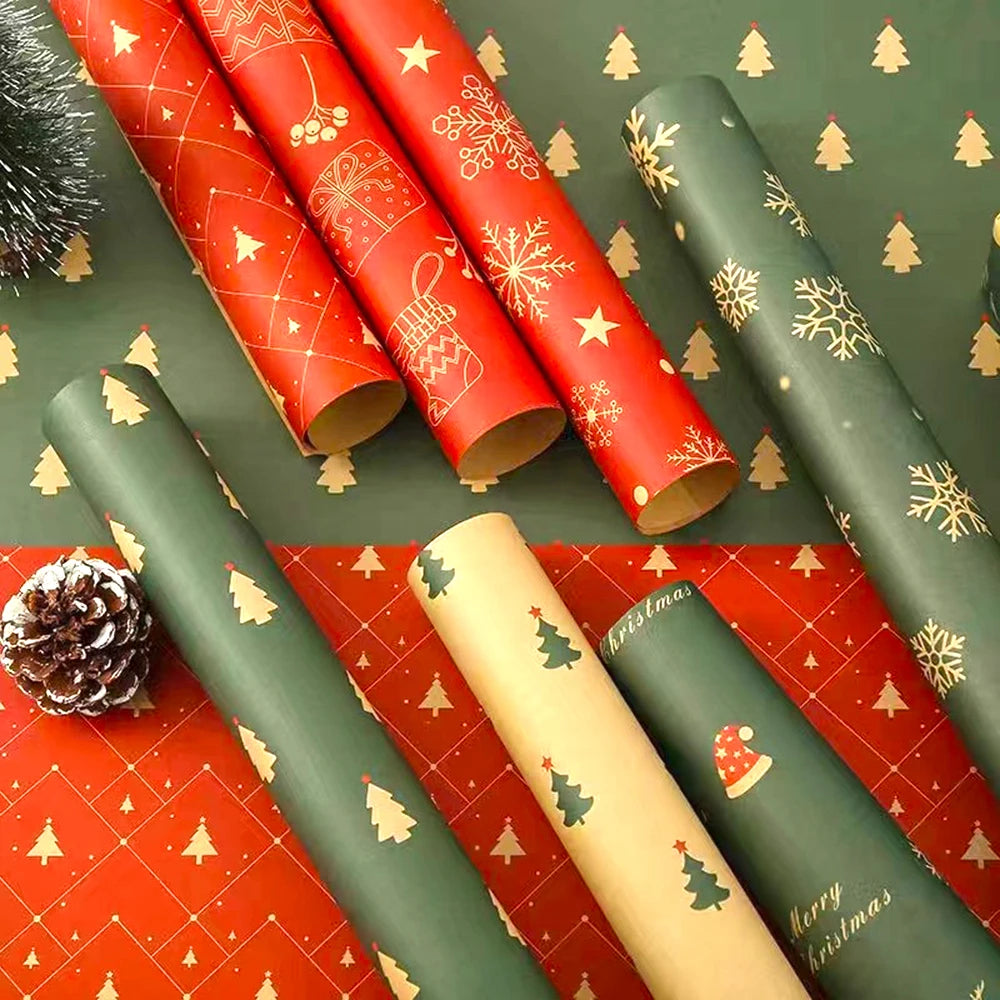 Christmas Gift Wrapping Paper Xmas Tree Snowflake Print Kraft Paper Gift Bouquet DIY Wrapping Paper New Year Packaging Supplies