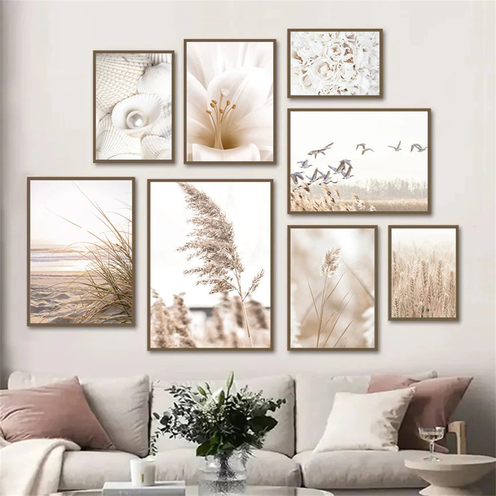 Beige Flower Reed Poster – Canvas Painting, Nature Landscape Art Print, Shell Beach Picture, Nordic Wall Poster for Living Room Decor