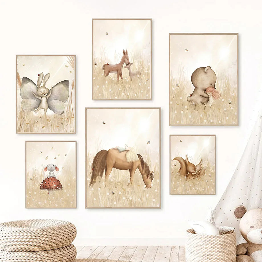 Boho Nursery Wall Art – Bear, Rabbit, Mouse, Squirrel, Deer Canvas Painting, Nordic Posters and Prints, Baby Kids Room Decor