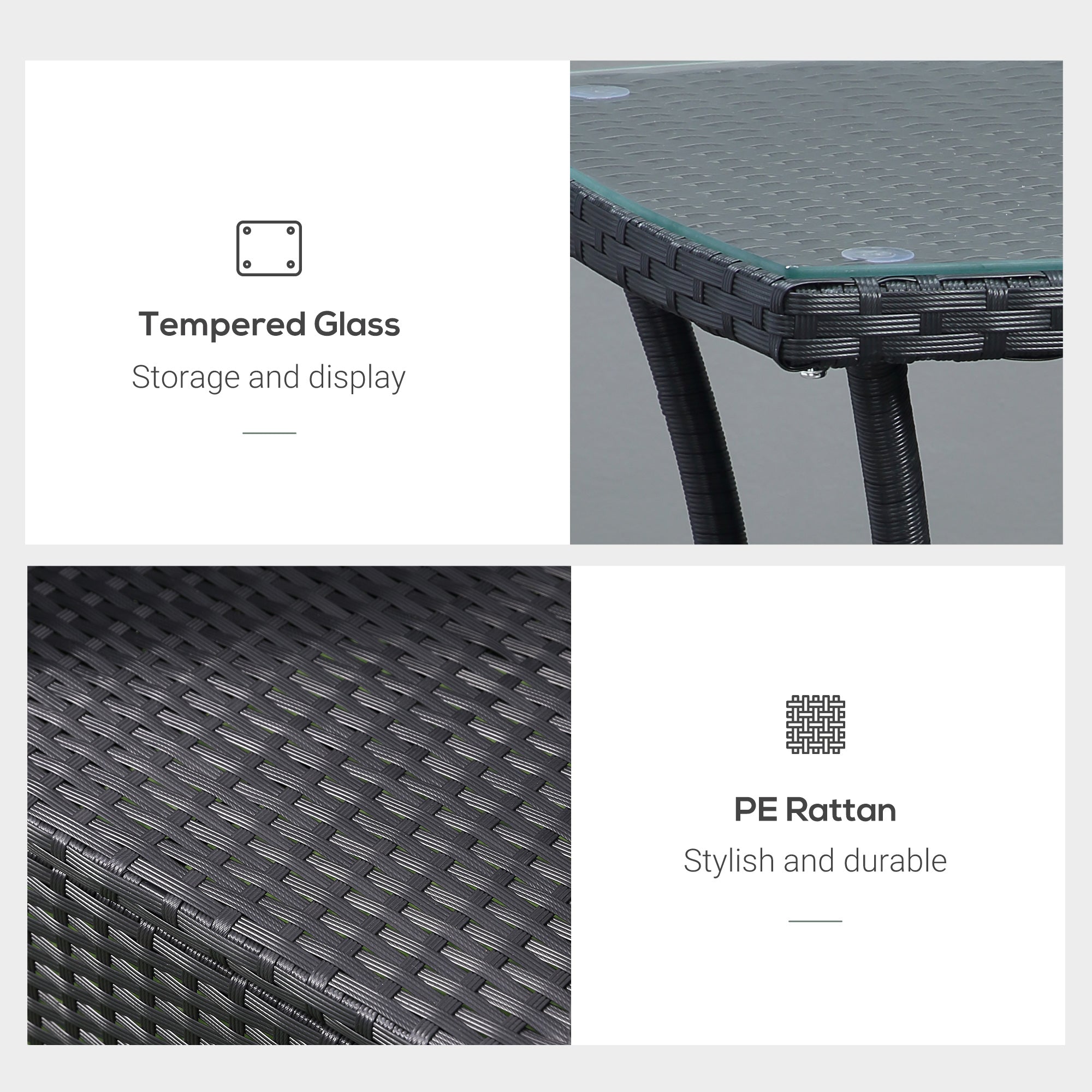 Outsunny 3PC Rattan Bistro Set Outdoor Garden Furniture 2 Armchair Glass Top Coffee Table Wicker Black