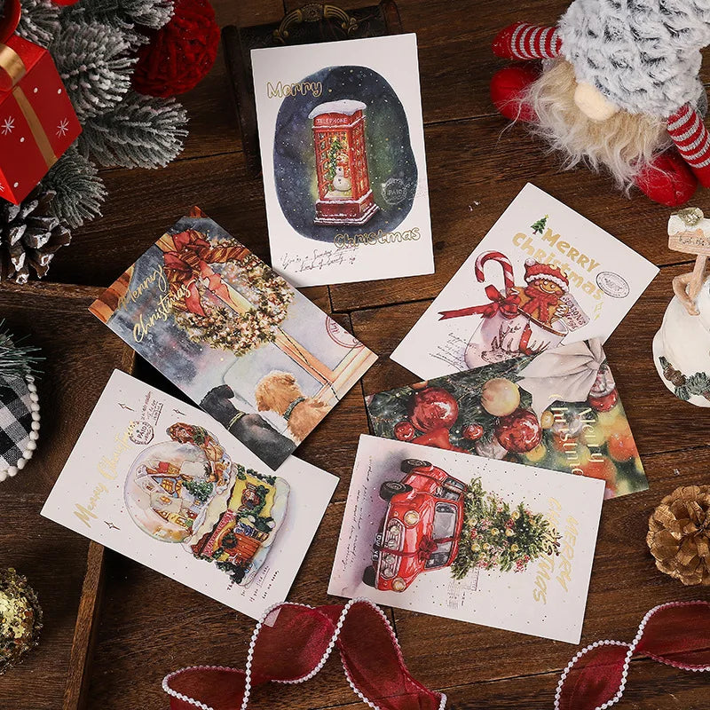New 10PCS Christmas Foil Greeting Card Postcard Florist Baking Gift Small Card Blessing Message Card Stamped Postcard Wall Decor