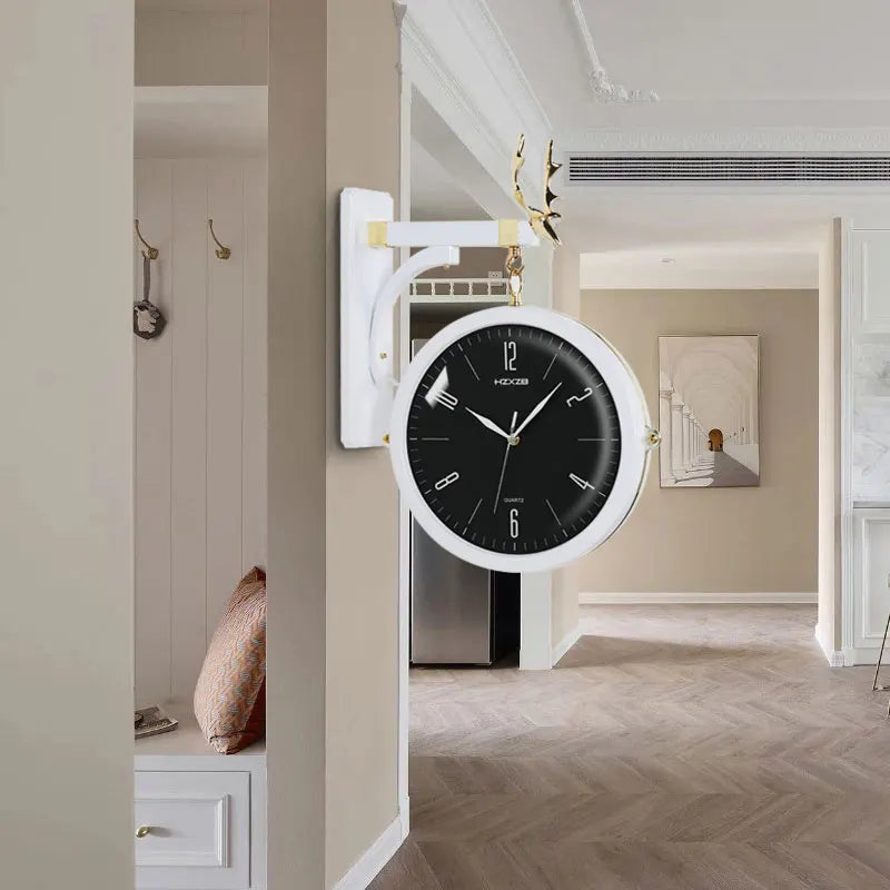 Double-Sided Round Wall Mount Station Clock – Vintage Retro, Double Face Metal Frame with Glass Dial Cover
