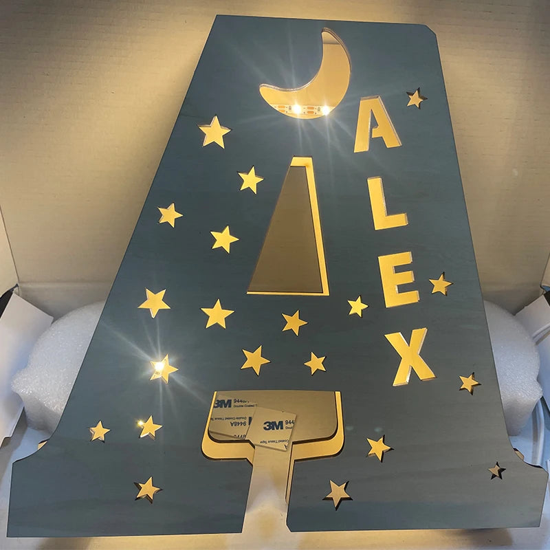 Customized Wall Decor LED Night Light – 24 Letters with Name, Stars and Moon Design, Wooden Sign Lamp, Bedroom Decor, Baby Christmas Kids Gifts