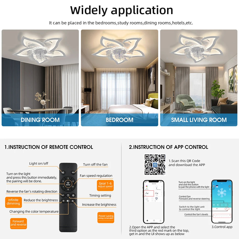 Modern LED Ceiling Fan with Light - App and Remote Control, Mute, Adjustable Dimmable Ceiling Lamp for Living Room and Bedroom Decor