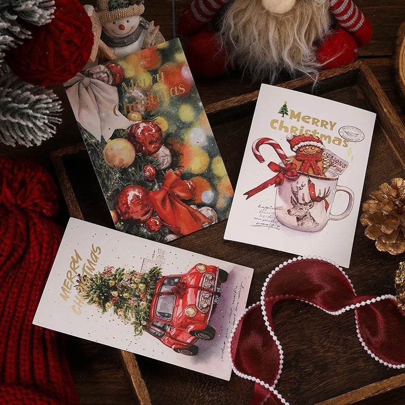 New 10PCS Christmas Foil Greeting Card Postcard Florist Baking Gift Small Card Blessing Message Card Stamped Postcard Wall Decor