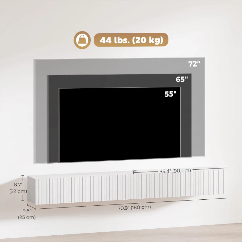 71" Floating TV Stand for TVs up to 72 Inch, Wall Mount Media Console with 2 Fluted Flip-Down Doors, Cable Hole, White