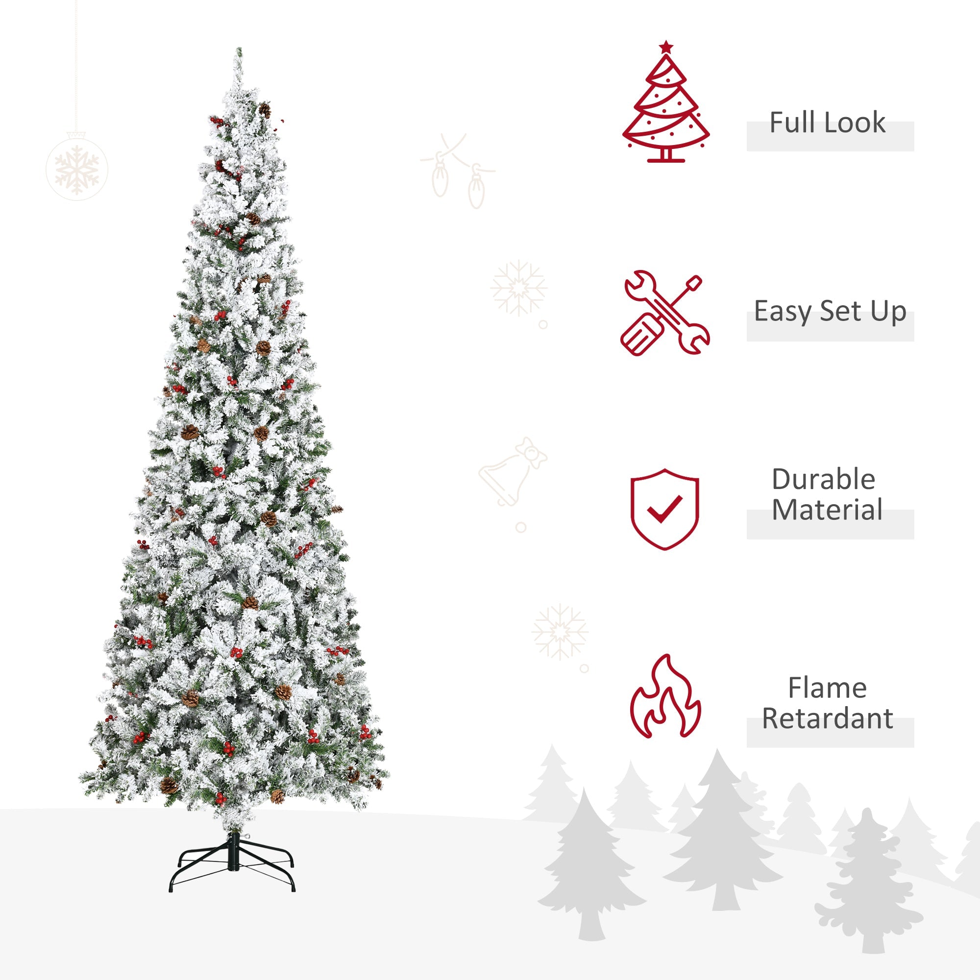 HOMCOM 9 Foot Pencil Snow Flocked Artificial Christmas Tree with 1350 Pine Realistic Branches, Pine Cones, Red Berries, Auto Open
