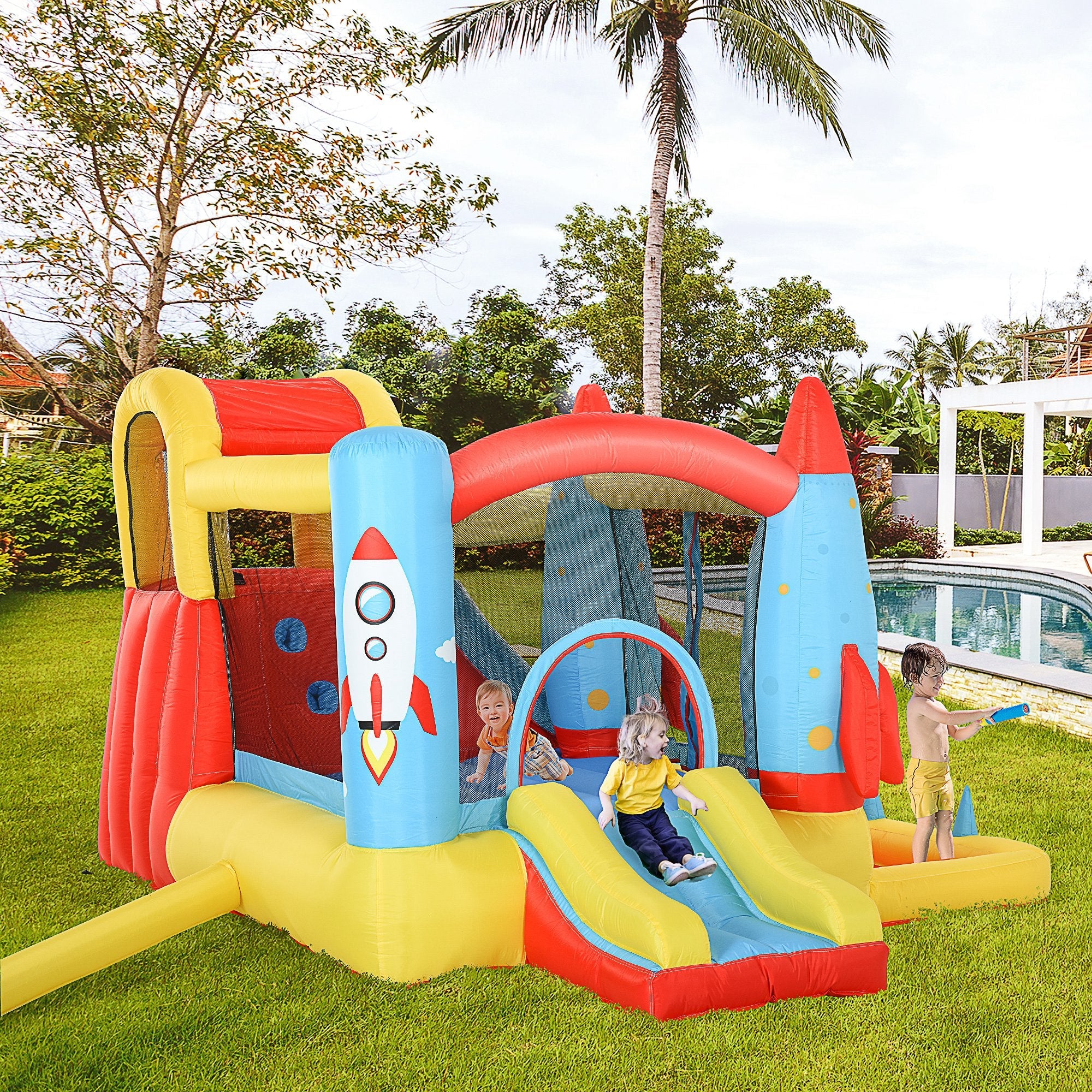 Outsunny Inflatable Kids Bouncy House, 4-in-1 Trampoline Bounce Castle with Slide & Water Pool, Includes Inflator, Ages 3-10
