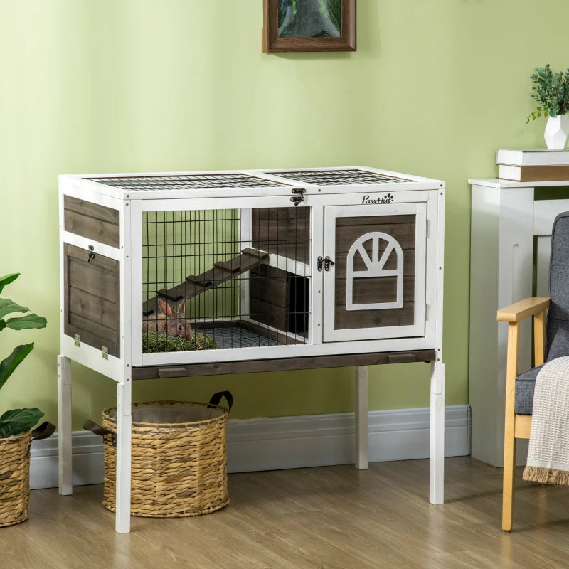 Rabbit Hutch Dual-Height Design Bunny House with Run Slide-Out Tray White and Coffee