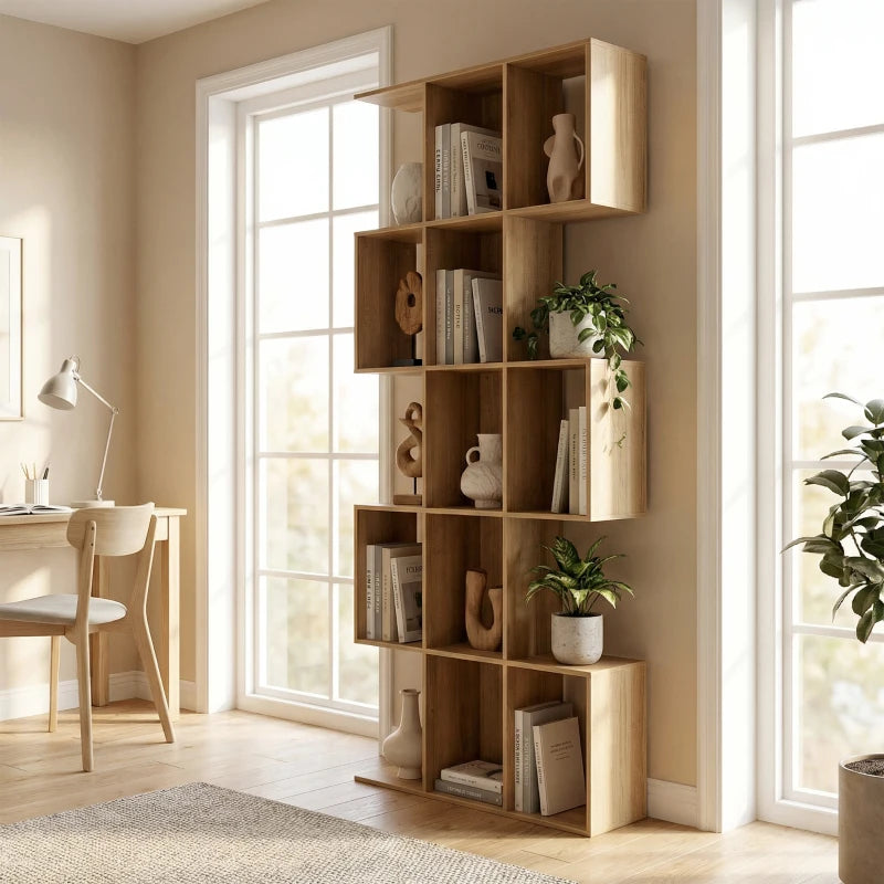 5-Tier Bookshelf, S Shaped Geometric Bookcase with 15 Compartments, Oak