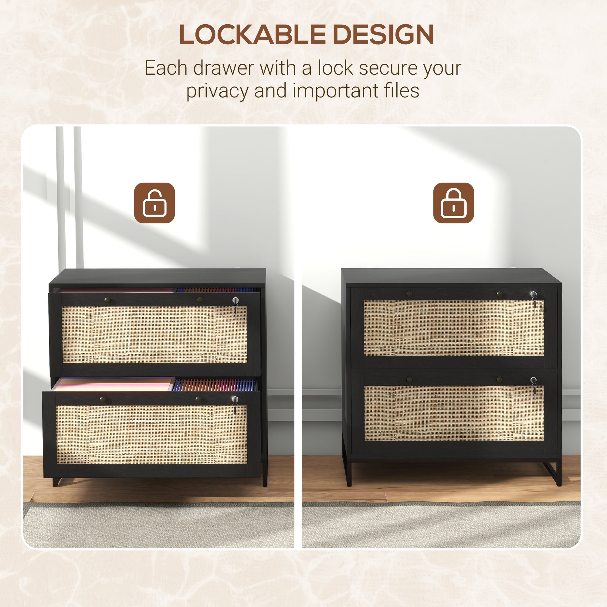 Vinsetto Boho Lockable 2 Drawer File Cabinet Adjustable Bar for Letter A4 Legal Size Black Office Storage