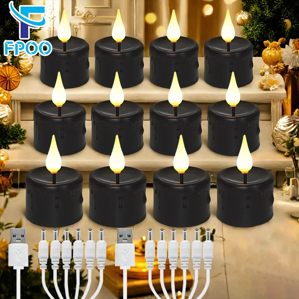 FPOO LED Candle Lot Tea Lights Rechargeable With Remote Control Flashing Black Candles For Christmas Home Decoration Night Light