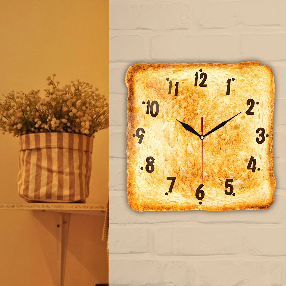 Gourmet Home Decor Realistic Toasted Bread Wall Clock Bakery Sign Bread Dining Room Wall Art Silent Quartz Kitchen Wall Clock