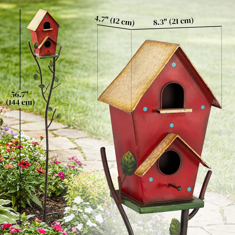 57" Outdoor Bird House with Pole, Metal Bird Houses for Outside, Double-Hole Birdhouse Outdoor Decoration, Red