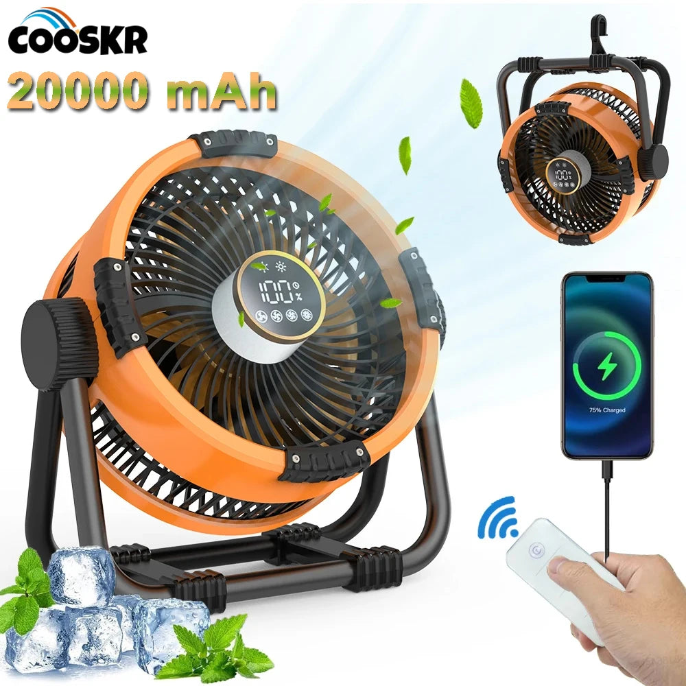 Camping Fan Portable Electric Fan – 20,000mAh Rechargeable, Desktop Air Circulator, Wireless Ceiling Fan with Power Bank