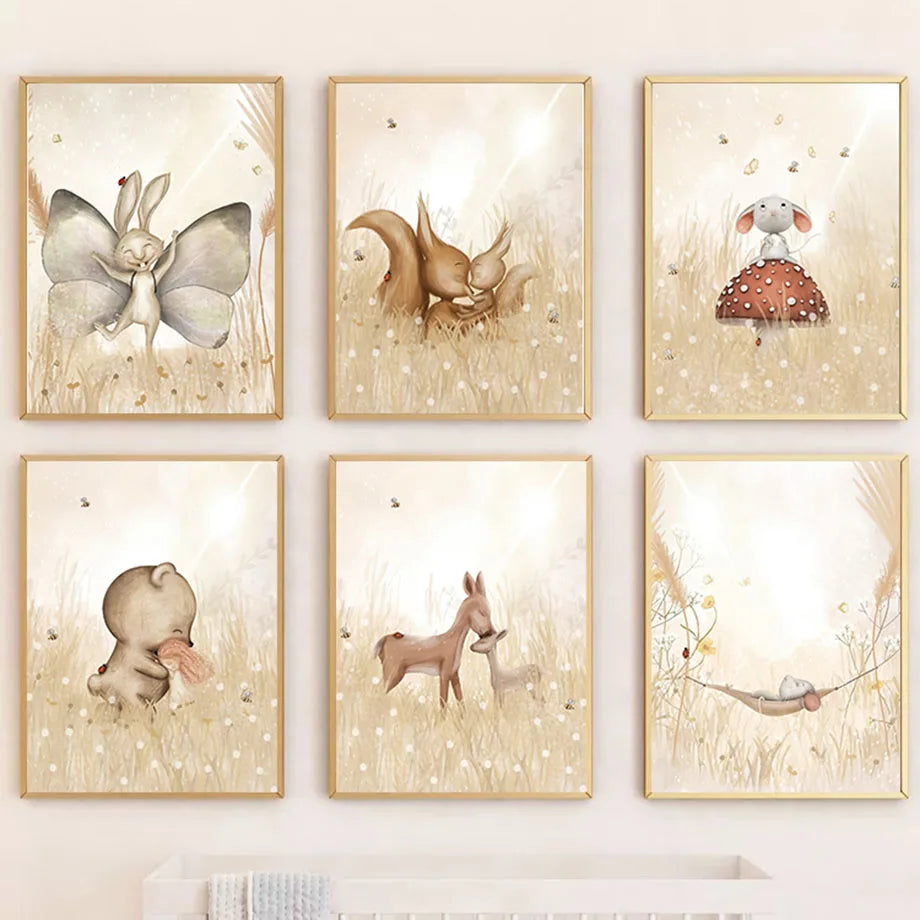 Boho Nursery Wall Art – Bear, Rabbit, Mouse, Squirrel, Deer Canvas Painting, Nordic Posters and Prints, Baby Kids Room Decor