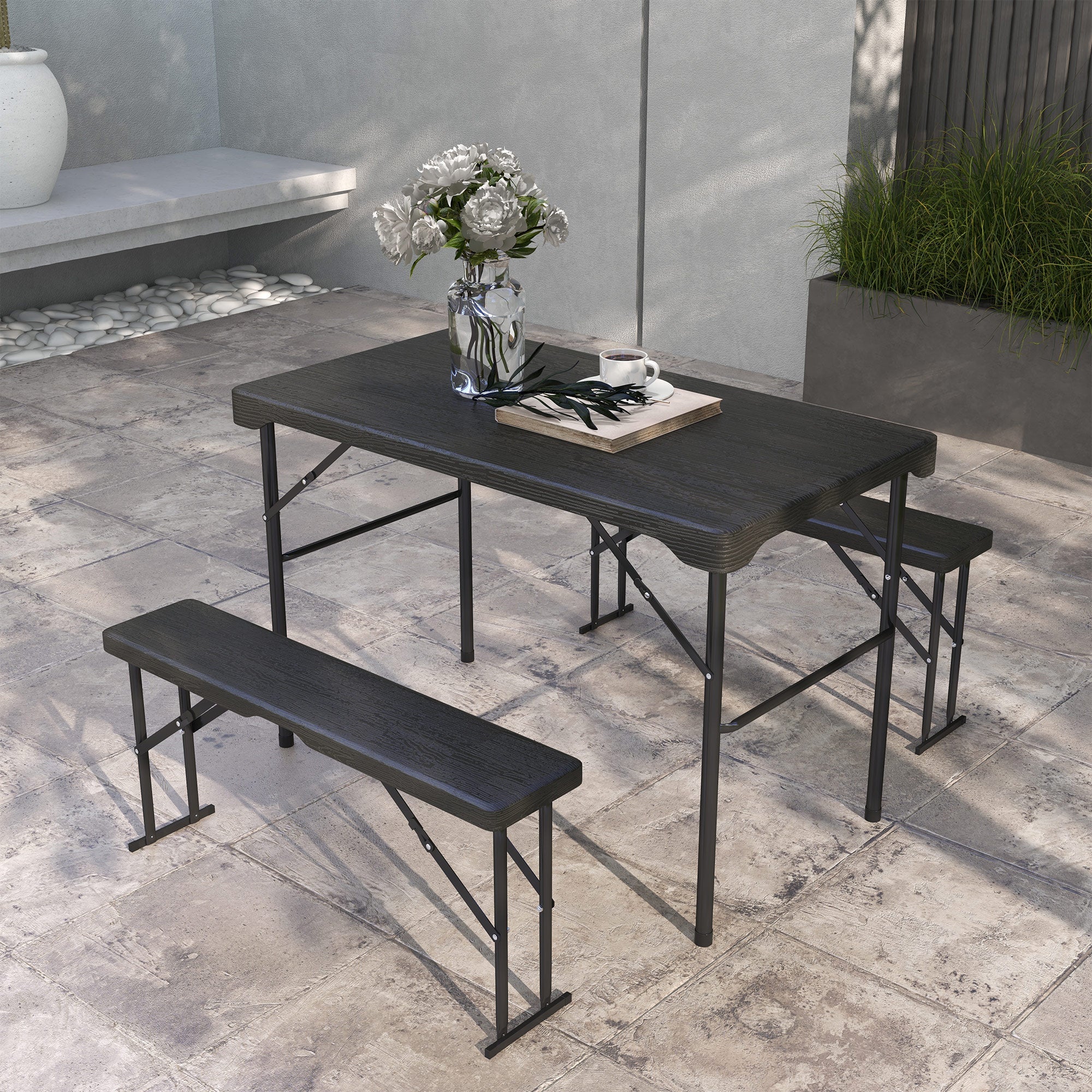 Outsunny 72" Folding Picnic Table Set 2 Benches 3pc Outdoor HDPE German Style Foldable Beer Table Dark Grey