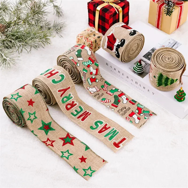 5M/Roll Christmas Ribbon Gift Packaging DIY Linen Decorations Wire Edge Roll Bundle Wrapping for Hairbows Bow Lot Floral Bouquet