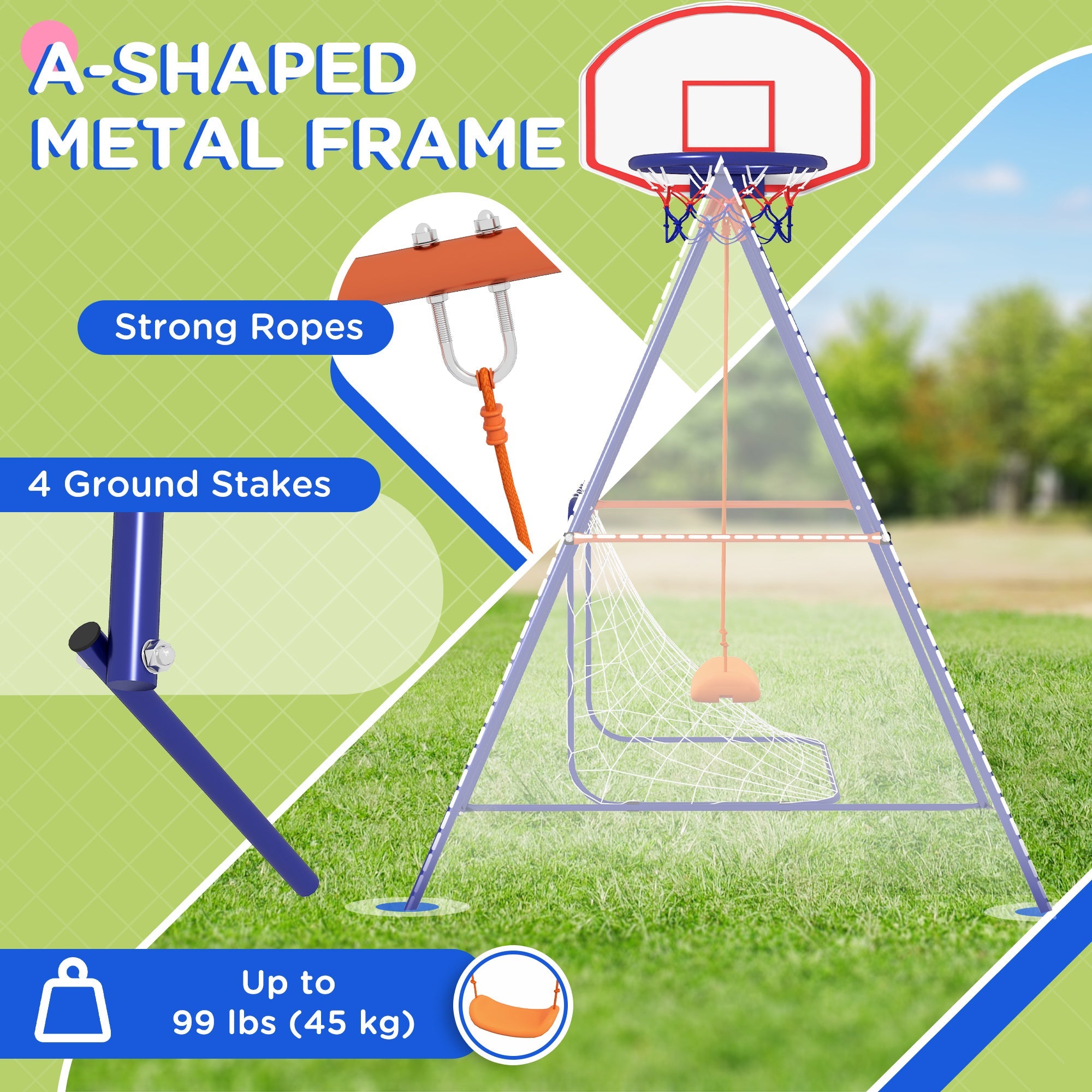 Outsunny Outdoor Kids Swing Set with Seat, Basketball Hoop, Football Goal, Secure Ground Stakes for Ages 3-8