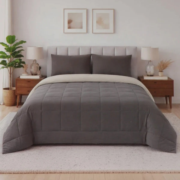 3-Piece Solid Reversible Comforter Set, Double/Queen, Camden Charcoal