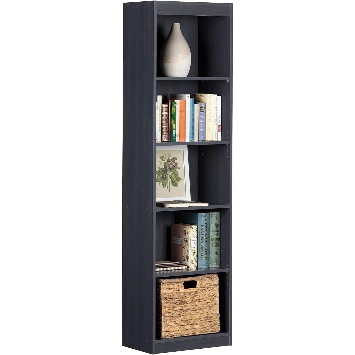 Narrow 5-Shelf Bookcase Slim Storage Shelving Unit Dark Blue Black Wood Finish - Free Shipping