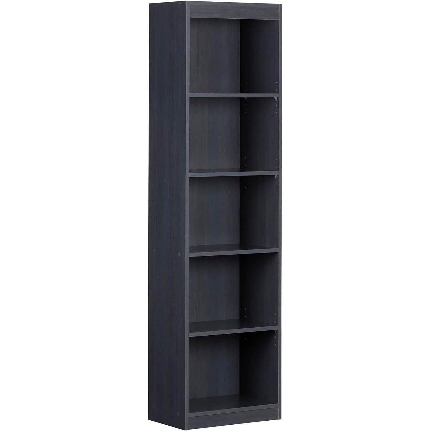Narrow 5-Shelf Bookcase Slim Storage Shelving Unit Dark Blue Black Wood Finish - Free Shipping