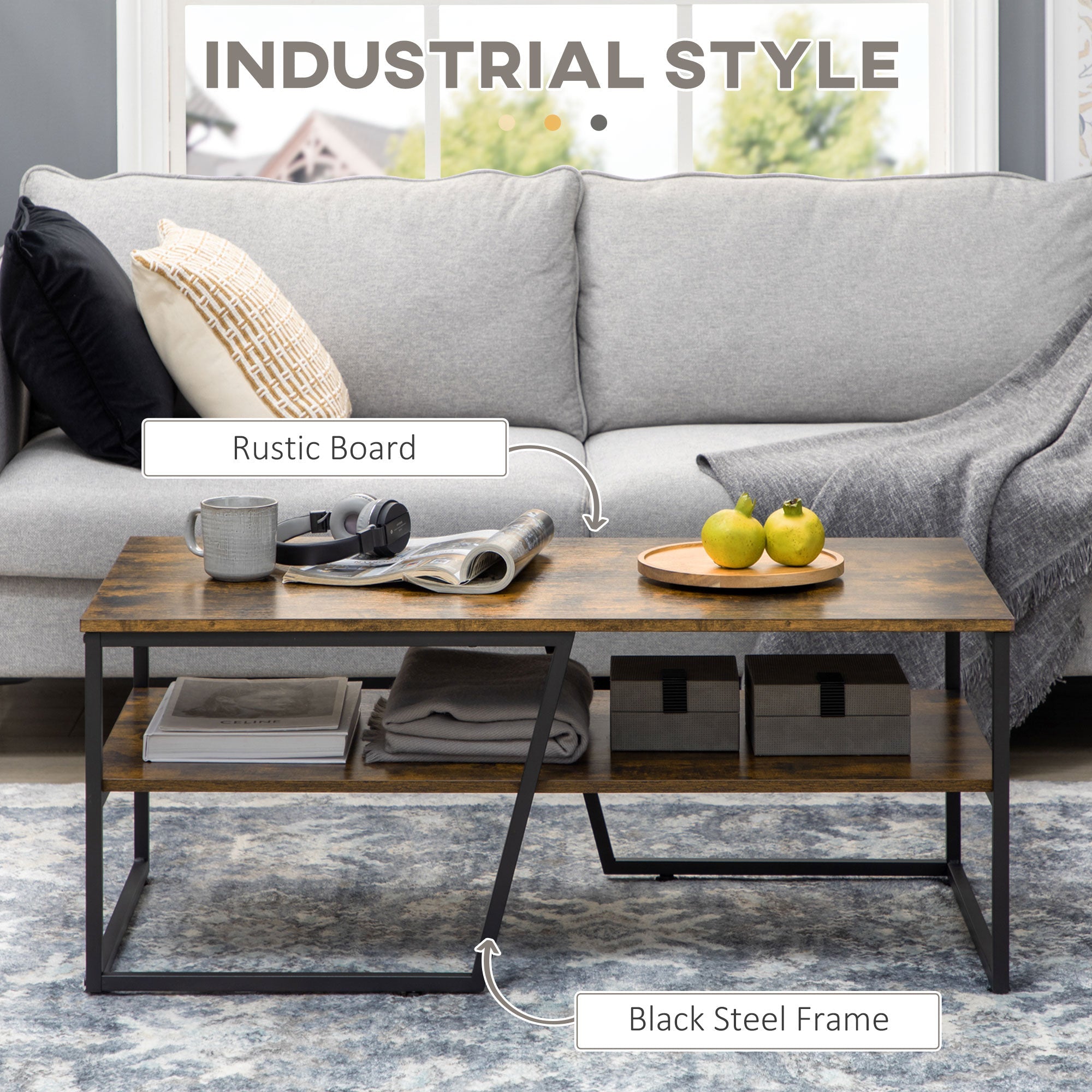 HOMCOM Rustic Brown Coffee Table with Shelf: Center Table with Steel Frame, Adjustable Foot Pads for Living Room